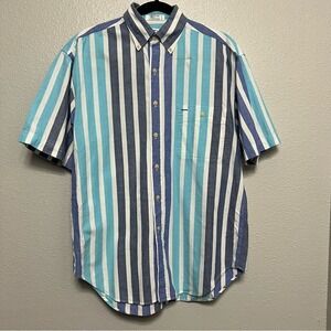 VTG World Island Blue White Navy Stripe Men's M‎ Short Sleeve Shirt Made In USA